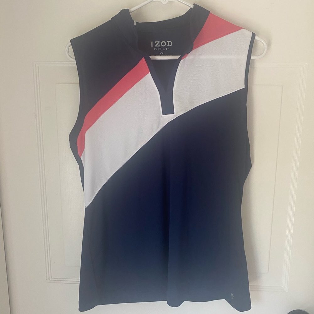 Womens Izod golf shirt. Navy with pink/white